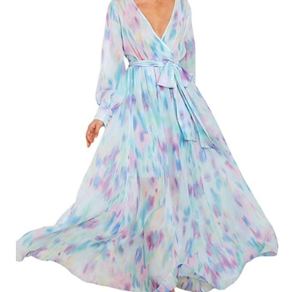Long Sleeve High Waisted Chiffon Maxi Dress